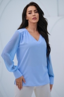 Elegancka bluzka damska z szyfonowym długim rękawem dekolt V mankiety z guzikiem - błękit